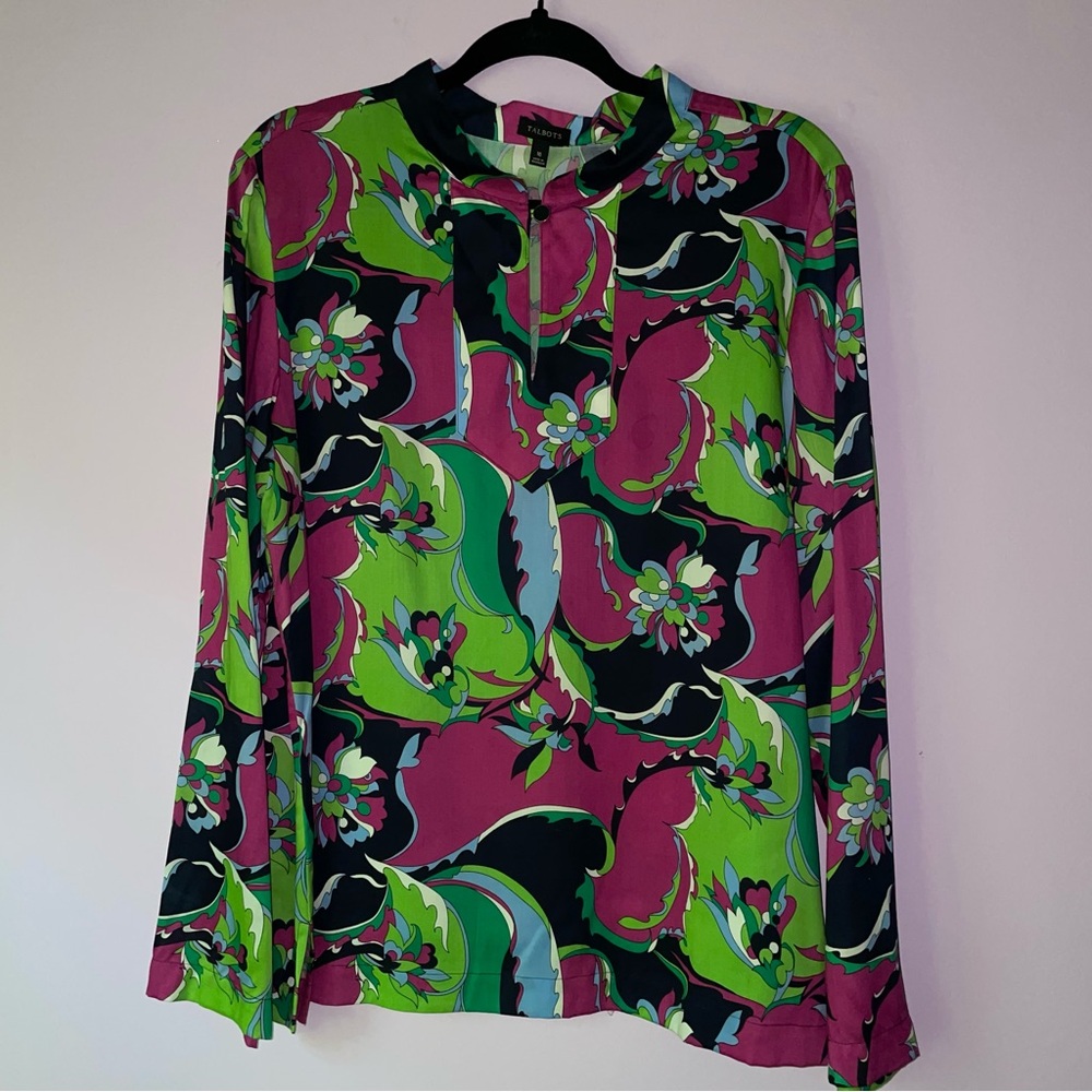 Talbots Vibrant Pink Green Black Floral Paisley Blouse